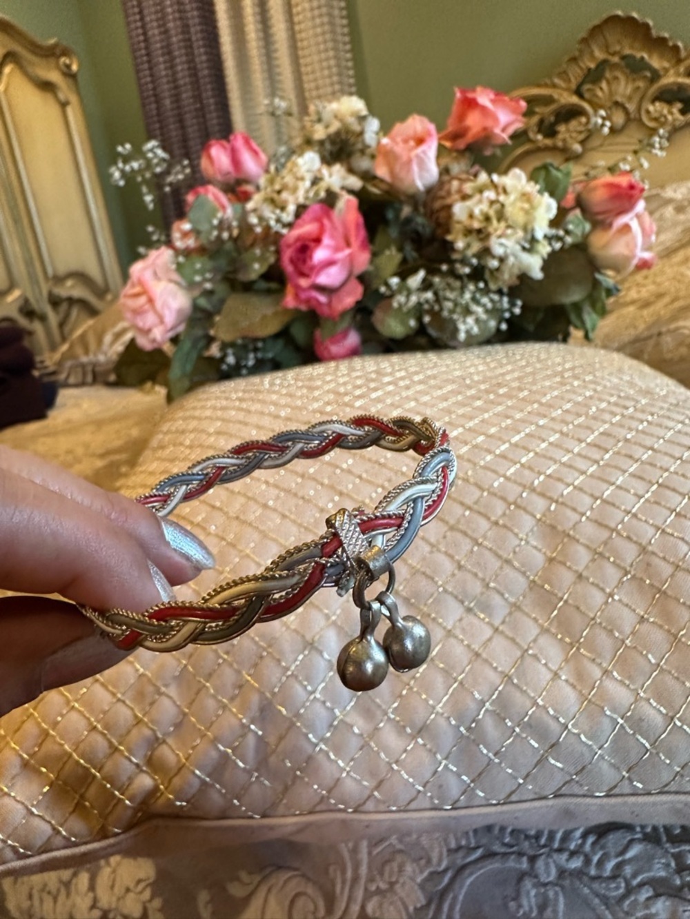 Braided Red and Silver Charm Bangle Bracelet